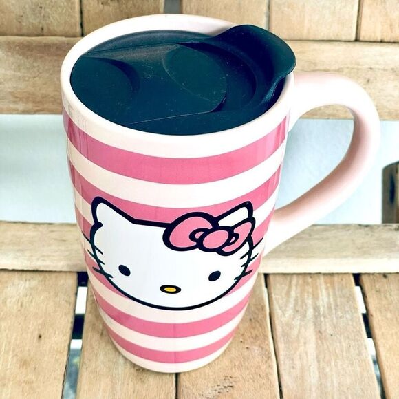 NWT Gorgeous Hello Kitty Pink Striped Glossy Ceramic Tall Travel Mug with lid - Picture 16 of 16